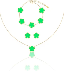 Gold Plated Five Leaf Clover Dot Necklace Bracelet and Stud Earrings Set for Wom