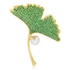 Lime Green Ginkgo Leaf Brooch with Pearl and Zirconia Vintage Gold Elegant Pi...