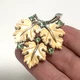 Vintage Lisner Brooch Oak Leaf 1960's Cream Lime Green Rhinestones Signed 1.5"